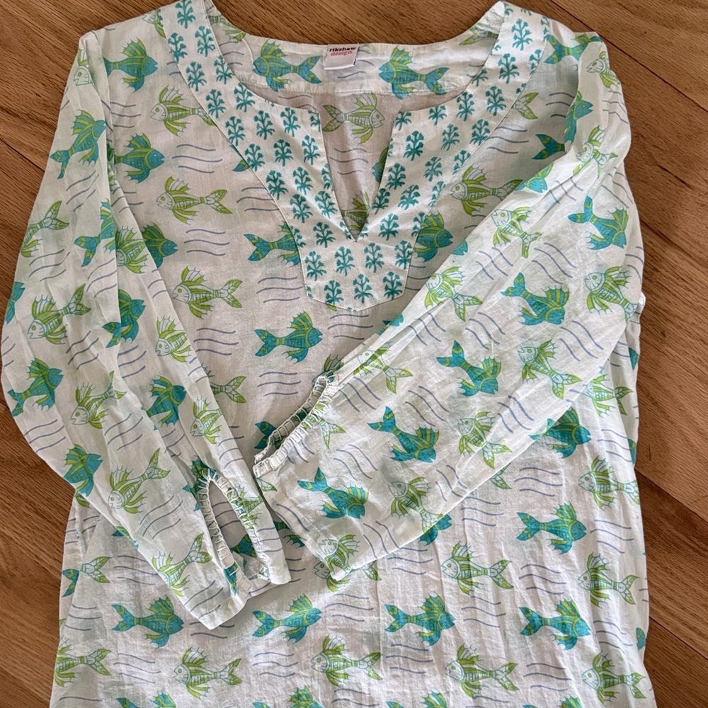 Rikshaw Design 100% cotton 3/4 sleeve block print green fish Women's sz Small - Picture 3 of 10